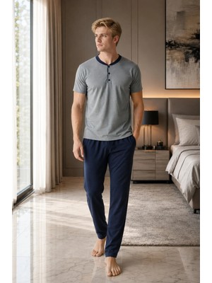 Pijamask Erkek Açık Gri Düğmeli Yaka Pamuklu Uzun Pantolonlu Pijama Takımı Lacivert Alt Rahat Ev Giyim