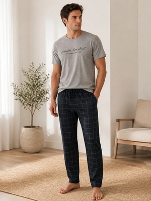 Pijamask Erkek Gri Baskılı Pamuklu Ekose Pantolonlu Pijama Takımı Kısa Kollu Rahat Ev Giyim