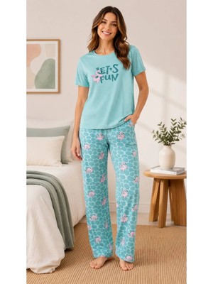 Pijamask Kadın Kısa Kollu Pamuklu Pijama Takım