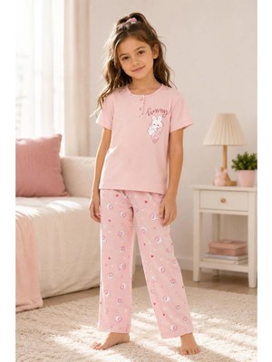 Pijamask Kız Çocuk Baskılı Pamuklu Kısa Kollu Yazlık Pijama Takımı