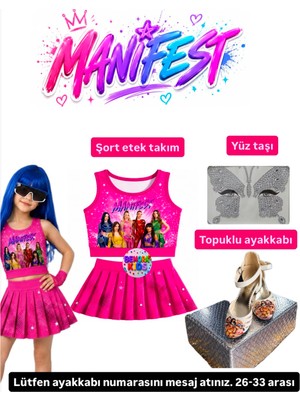 Bemora Kids Manifest Pembe Etek Bluz Alt Üst 2 Li Takım Şort Etek Kız Çocuk Alt Üst Takım Manifest Topuklu Ayakkabı - Yüz Taşı Seti Parti Konser Doğum Günü Plaj Giyim