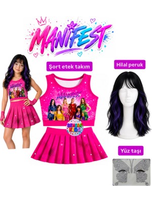 Bemora Kids Manifest Pembe Etek Bluz Alt Üst 2 Li Takım Şort Etek Kız Çocuk Alt Üst Takım Manifest Hilal Peruk - Yüz Taşı Seti Parti Konser Doğum Günü Plaj Giyim