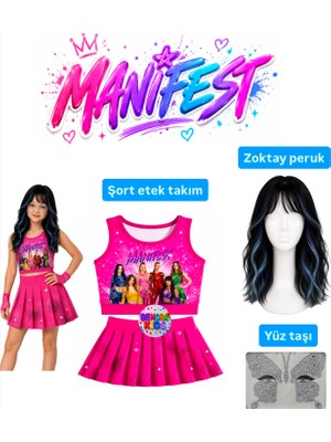 Bemora Kids Manifest Pembe Etek Bluz Alt Üst 2 Li Takım Şort Etek Kız Çocuk Alt Üst Takım Manifest Zoktay Siyah Mavi Peruk - Yüz Taşı Seti Parti Konser Doğum Günü Plaj Giyim