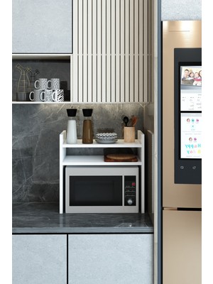 Fida Furniture Beyaz Ahşap Tezgah Üstü Mikrodalga Fırın Rafı Mutfak Organizeri ve Düzenleyici Raf