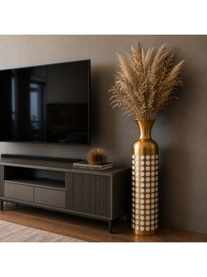 Vien Home Dekoratif Puantiye Desenli Seramik Görünümlü Metal Yer Vazosu Beyaz Gold 84 cm