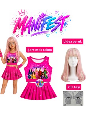 Bemora Kids Manifest Pembe Etek Bluz Alt Üst 2 Li Takım Şort Etek Kız Çocuk Alt Üst Takım Manifest Lidya Sarı Pembe Peruk - Yüz Taşı Seti Parti Konser Doğum Günü Plaj Giyim