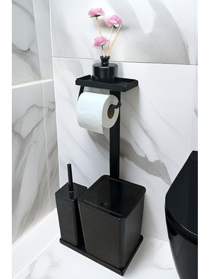 3'ü 1 Arada Banyo Seti Tuvalet Kağıtlık, Çöp Kovası ve Tuvalet Fırça Takımı Set Çizgili