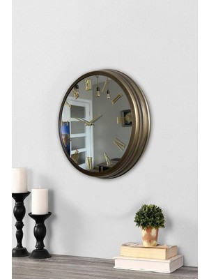 Hediye 40 cm Eskitme Metal Altın Rakamlı Aynalı Duvar Saati
