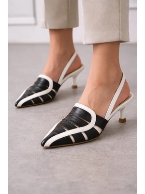 Park Moda Siyah Beyaz Deri Slingback Topuklu Ayakkabı