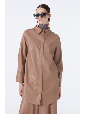 Zühre Gömlek Yaka Aksesuar Detaylı Deri Camel Tunik 1598