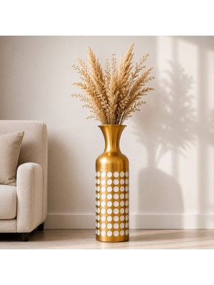 Vien Home Dekoratif Puantiye Desenli Seramik Görünümlü Metal Yer Vazosu Gold Beyaz 66 cm