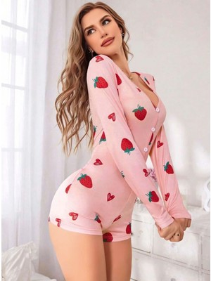 Hace Bazaar Kadın Pembe Çilek Desenli Pijama Tulumu 5125