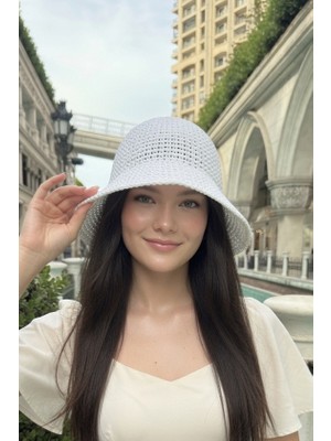 Mollycrush Kadın Beyaz Hasır Örgü Bucket | Bohem Stil Plaj ve Güneş Şapkası