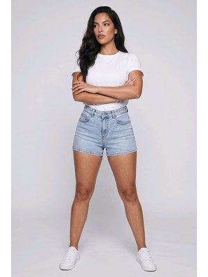 Hies Kar Mavi Düz Esnek Yüksek Bel Kadın Kot Şort, Düz Jeans 35 cm
