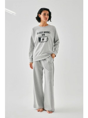 Hace Bazaar Marsilyan- Kadın Gri Sleep Mode On Oversize 2 Iplik Eşofman Ev Giyim Takımı