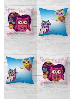 Renas Store Pelangi Ağaç Dalındaki Baykuşlar Gizli Fermuarlı Kırlent Kılıfı Koltuk Yastık Kılıfı TAKIM(4ADET), Koyu Mavi-Pembe 45 x 45