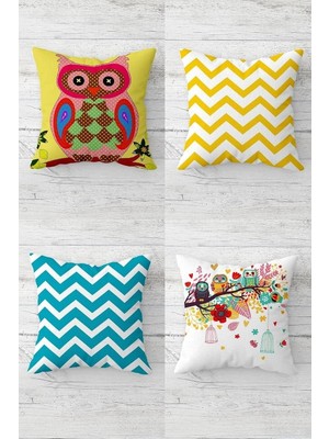 Renas Store Pelangi Sevimli Baykuşlar ve Zigzag Desen Gizli Fermuarlı Kırlent Kılıfı Koltuk Yastık Kılıfı TAKIM(4ADET), Turkuvaz-Sarı 45 x 45