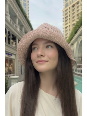 Mollycrush Kadın Pembe Hasır Örgü Bucket | Bohem Stil Plaj ve Güneş Şapkası