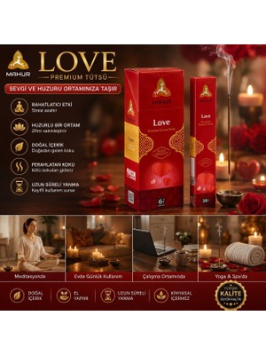 Mahur Love Premium Çubuk Tütsü 120 Adet – 6 Kutu x 20 Çubuk, Hoş Kokulu Ortam Tütsüsü, Ev, Ofis, Meditasyon, Yoga ve Spa Kullanımı Için