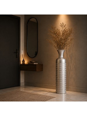 Vien Home Dekoratif Puantiye Desenli Seramik Görünümlü Metal Yer Vazosu Gümüş 84 cm