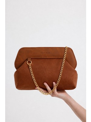 Heybes Kadın Taba Deri Detaylı Süet Clutch El Çantası