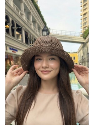 Mollycrush Kadın Kahverengi Hasır Örgü Bucket | Bohem Stil Plaj ve Güneş Şapkası