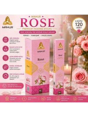 Trendhane Mahur Rose Gül Kokulu Tütsü 120 Adet – 6 Kutu x 20 Çubuk, Premium Çubuk Tütsü, Ev Ofis Yoga Meditasyon ve Ortam Kokulandırma Için