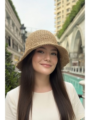Mollycrush Kadın Camel Hasır Örgü Bucket | Bohem Stil Plaj ve Güneş Şapkası