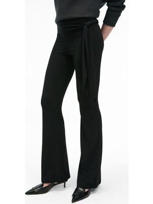 Ethiquet Ayshur Kadın Esnek Kumaşlı Kemer Detaylı Geniş Paçalı Slim Fit Siyah Pantolon