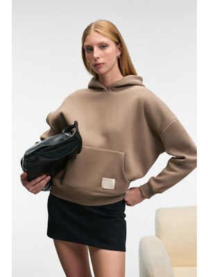 Ethiquet Clarıe Kadın Organik Pamuklu Oversize Kanguru Cepli Kapüşonlu Vizon Sweatshirt