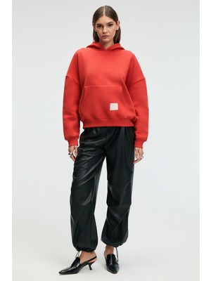 Ethiquet Clarıe Kadın Organik Pamuklu Oversize Kanguru Cepli Kapüşonlu Kırmızı Sweatshirt