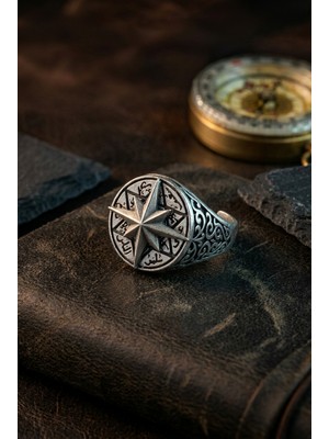 Begondio Pusula Figürlü Özel Tasarım Maskülen Ayarlanabilir Erkek Yüzük