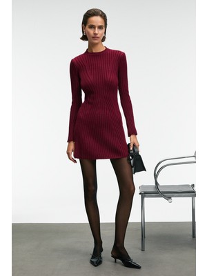 Ethiquet Encanto Kadın Yuvarlak Yaka Çizgi Desenli Slim Fit Bordo Elbise