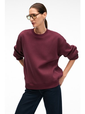 Ethiquet Esme Kadın Oversize Yuvarlak Yakalı Kol Ucu ve Etek Ucu Manşetli Bordo Sweatshirt