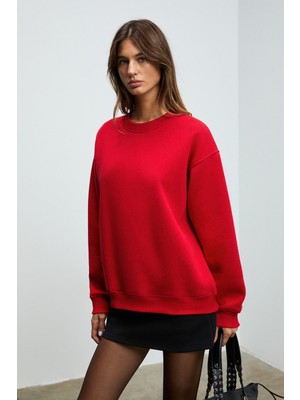 Ethiquet Karıus Kadın Organik Pamuklu Içi Polarlı Oversize Yuvarlak Yakalı Kırmızı Sweatshirt