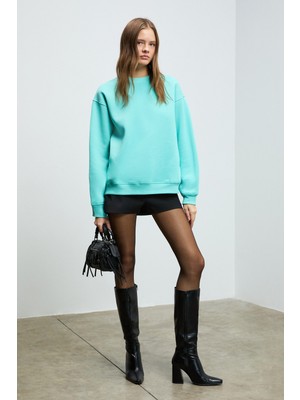 Ethiquet Karıus Kadın Organik Pamuklu Içi Polarlı Oversize Yuvarlak Yakalı Mavi Sweatshirt
