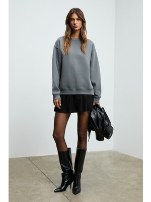Ethiquet Karıus Kadın Organik Pamuklu Içi Polarlı Oversize Yuvarlak Yakalı Gri Sweatshirt