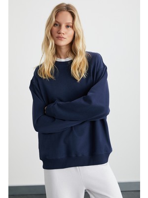 Ethiquet Karıus Kadın Organik Pamuklu Içi Polarlı Oversize Yuvarlak Yakalı Lacivert Sweatshirt