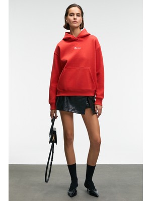 Ethiquet Melurea Kadın Nakışlı Kapüşonlu Comfort Fit Kırmızı Sweatshirt