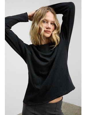Ethiquet Kıssora Kadın Organik Pamuklu Yuvarlak Yaka Reglan Kol Uzun Kollu Relax Fit Antrasit Bluz