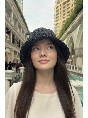 Mollycrush Kadın Siyah Hasır Örgü Bucket | Bohem Stil Plaj ve Güneş Şapkası