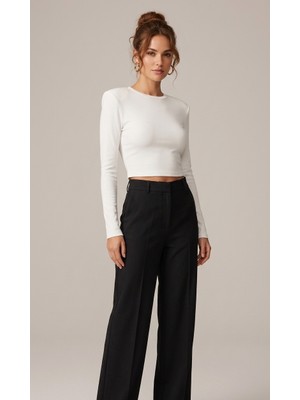 Blouse Ekru Viskon Uzun Kollu Crop Bluz