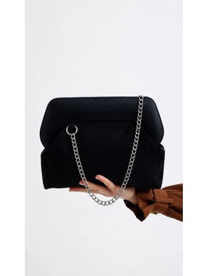 Heybes Kadın Siyah Deri Detaylı Süet Clutch El Çantası