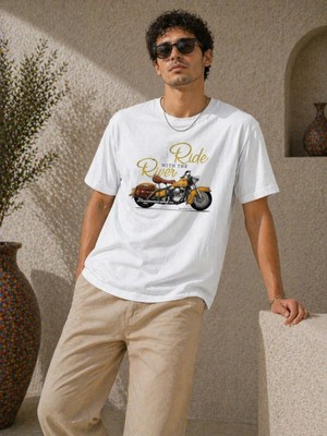 Hace Bazaar Erkek Motosiklet Baskılı Tişört Bisiklet Yaka Kısa Kol Yazlık T-Shirt - Beyaz