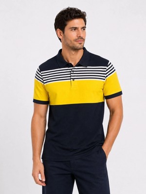 Hace Bazaar Erkek Pike Kumaş Çizgili Polo Yaka Tişört Kısa Kol Yazlık T-Shirt - Lacivert