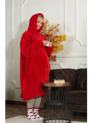 Elart Enjoy Tv Battaniyesi Wellsoft Kapüşonlu Giyilebilir Unisex Over Size (80X110 Cm) Kırmızı