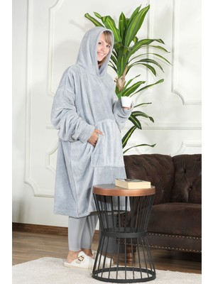 Elart Enjoy Tv Battaniyesi Wellsoft Kapüşonlu Giyilebilir Unisex Over Size (80X110 Cm) Gri