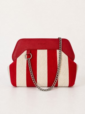 Heybes Kadın Kırmızı Çizgi Desenli Kanvas Clutch El Çantası