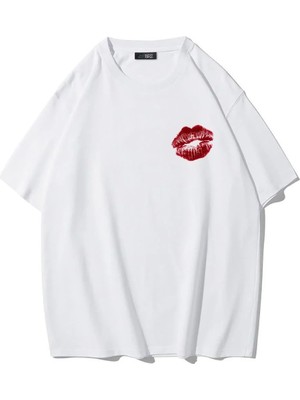 Brz Collection Unisex Oversize Öpücük (Kiss) T-Shirt (Beyaz)