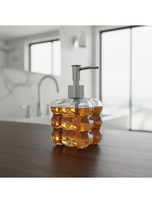 Beyaz Bubble Design Cam Sıvı Sabunluk - 450 ml Kabartmalı Şık Banyo ve Mutfak Sabunluğu (7X12